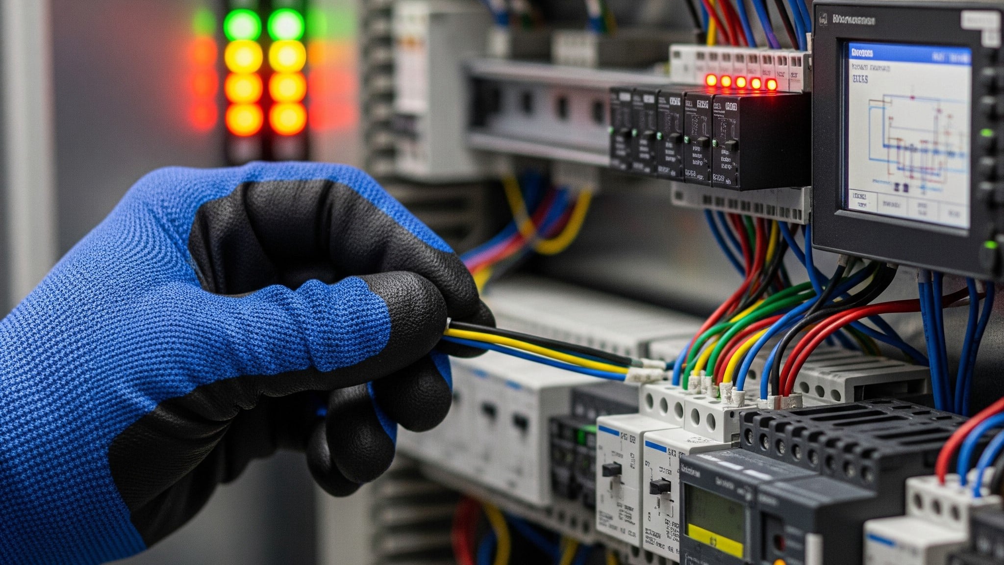Hand, die an einem Schaltschrank arbeitet